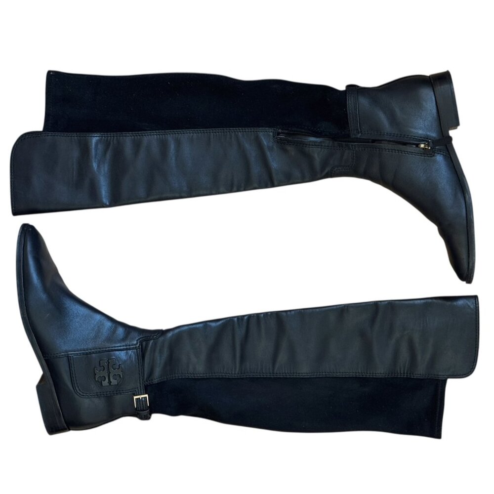 Tory Burch Wyatt Boots Over the Knee 7.5 Black Leather OTK Stretch Back - Picture 4 of 10